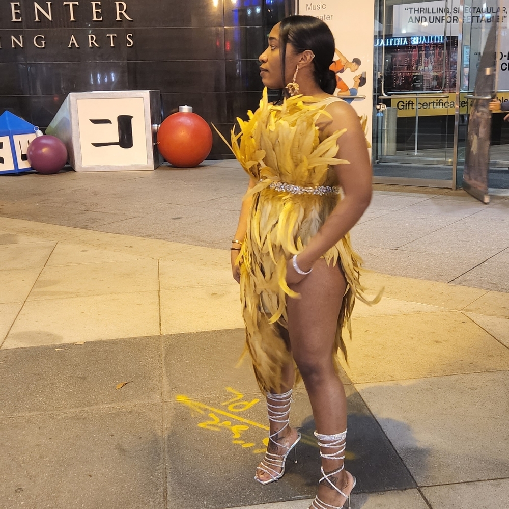 Gold feather one shoulder rhinestone dress.